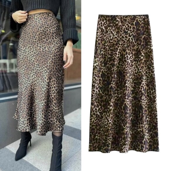 NEW Y2K Leopard Print Satin Midi Skirt Sz S Tan Black A-Line Animal Print 90s - Picture 1 of 10